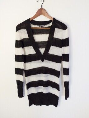 Club Monaco Striped Deep V Neck Knit Sweater Long Sleeve Black White XS